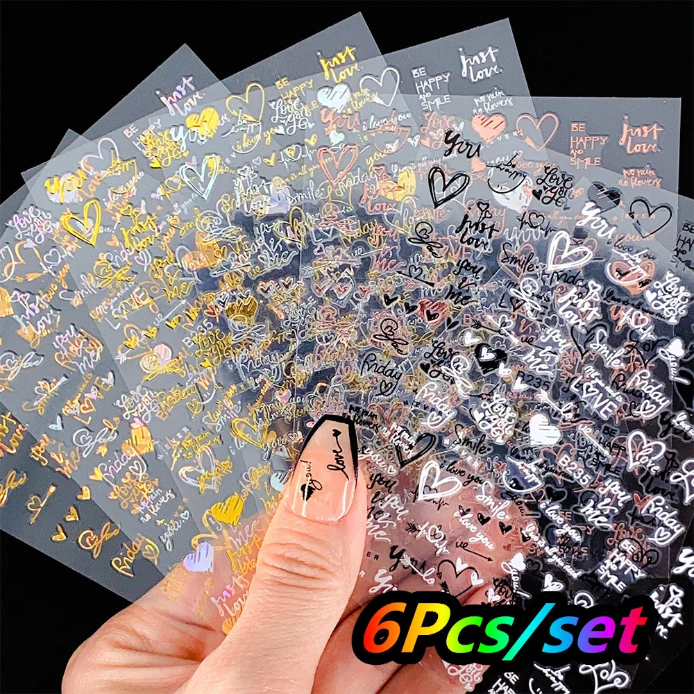 4/6Sheet/Kit Holographic Rainbow Love Heart Nail Sticker 3D Laser Heart Nail Decal Self-Adhesive Love Heart Manicure Slider &*&