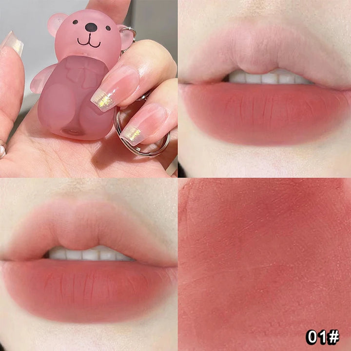 Cute Bear Keychain Velvet Mist Lip Glaze Waterproof Lasting Matte Lipstick Orange Lips Tint Women Dupes Korean Makeup Cosmetic