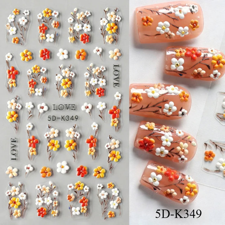 5D Embossed Green Vine Floral Nail Stickers - Matte Finish Self-Adhesive Nail Art Decals with Cartoon-Style Flowers