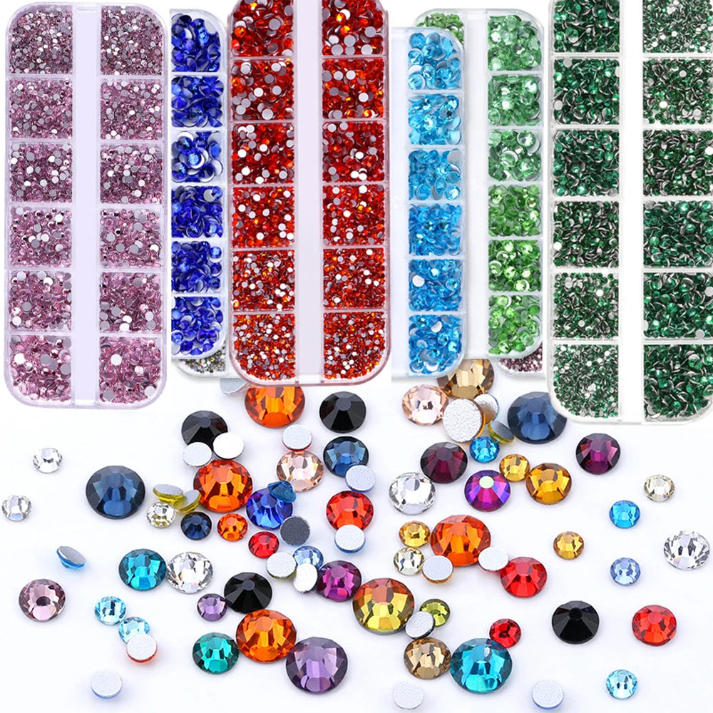 1.5mm-5mm Champagne Glass Crystal Nail Art Gems 12grids Flatback SS4-SS16 Mixed Nail Art Rhinestone Non-Hotfix Diamond Nail Deco