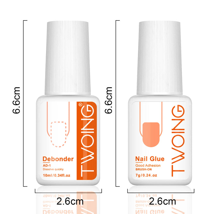 TWOING Nail Tips Gel and Glue Remover Kit, No UV Light Needed,Fake nails plate adhesive，Quickly Removes Glue Off Fake Nail