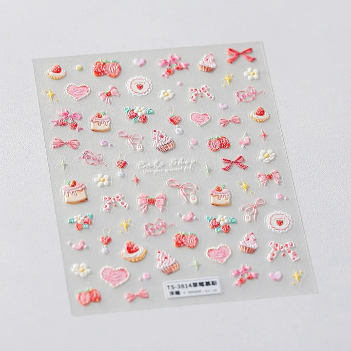 Nail Art Stickers Cute Manicure Decals Lovely Strawberry Muffin Cream Cake Ice Cream Bowknot 5D Embossed Reliefs Self Adhesive