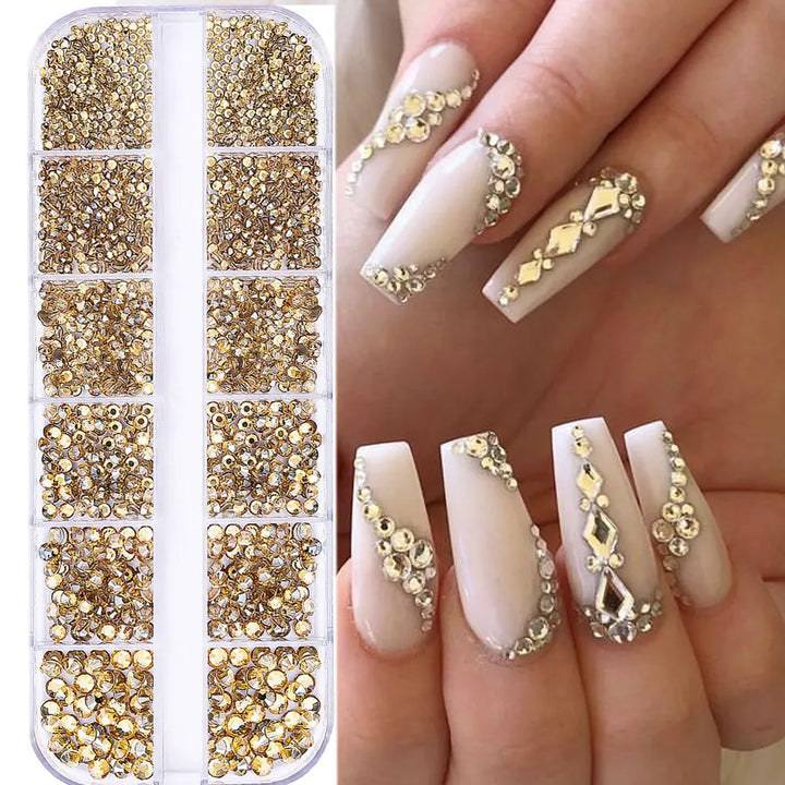 1.5mm-5mm Champagne Glass Crystal Nail Art Gems 12grids Flatback SS4-SS16 Mixed Nail Art Rhinestone Non-Hotfix Diamond Nail Deco