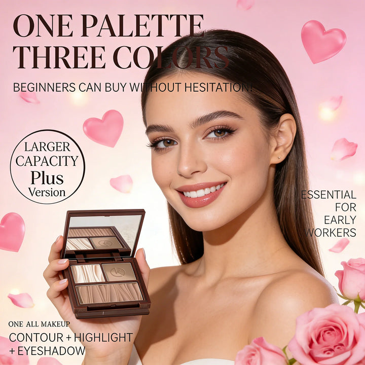 Natural Matte 3-in-1 Contour Palette - Highlighter Bronzer Blush Face Sculpting Powder Kit - Valentine's Day Makeup Gift Set