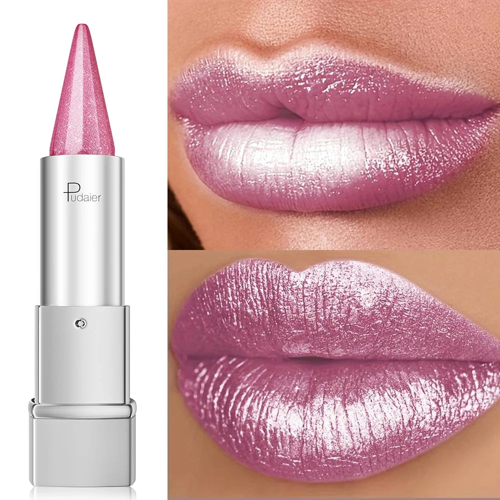 Waterproof Long Lasting Glitter Lipstick, Pearlescent Shiny Lip Color, Colorfast Non Fading Lip Makeup for Women