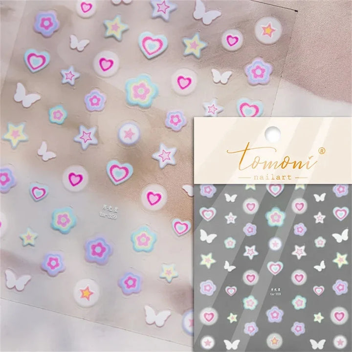 1 piece 5D color crystal star nail stickers high quality love shiny silver hollow smear rainbow flower jelly design nail sticker