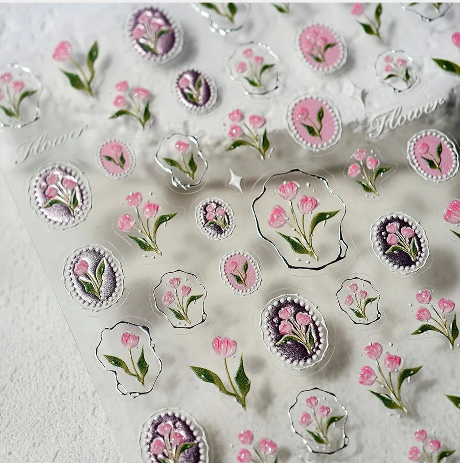 Lace Garden Bowknot Bow Tie Rose Flower Petal Pearl Irregular Border Self Adhesive 5D Nail Art Decoration Sticker Manicure Decal