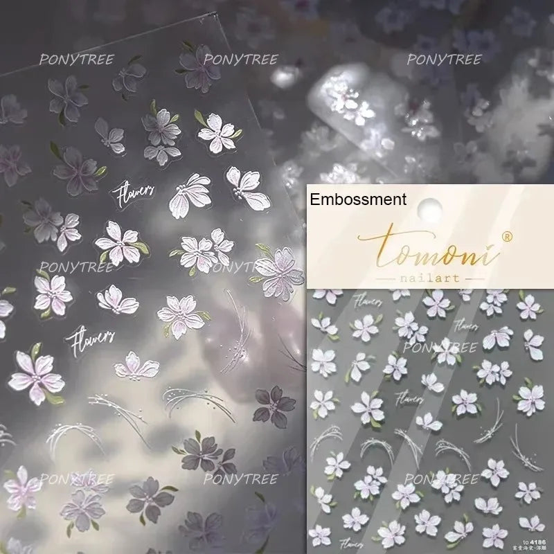 Flowers Blooming Cherry Blossom Sakura Living Peach Branch 5D Soft Relief Spring Adhesive Nail Art Sticker Chic Manicure Decals