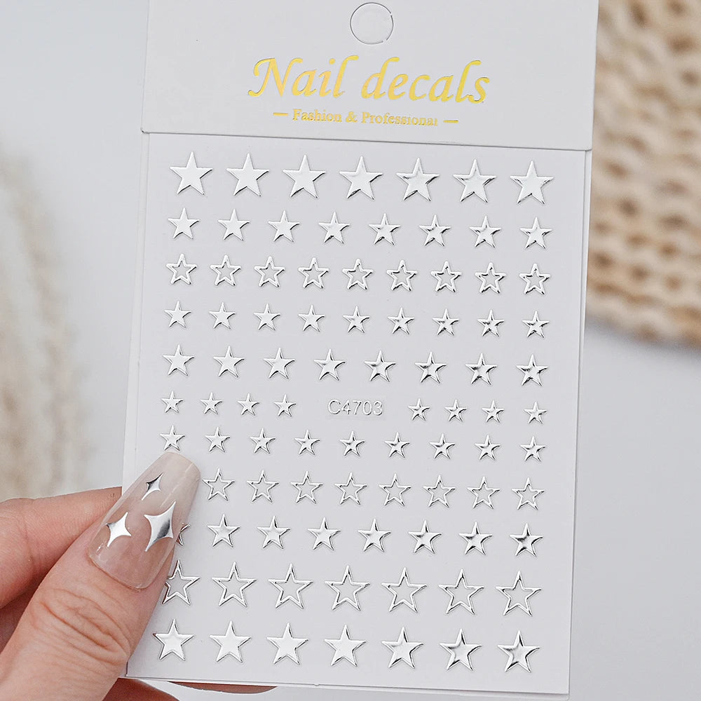 6pcs/set Metallic Silver Star/Moon/Heart Nail Sticker Y2K 3D Metal Mirror Effect Nail Decal 8*10cm Self-Adhesive Nail Decoration