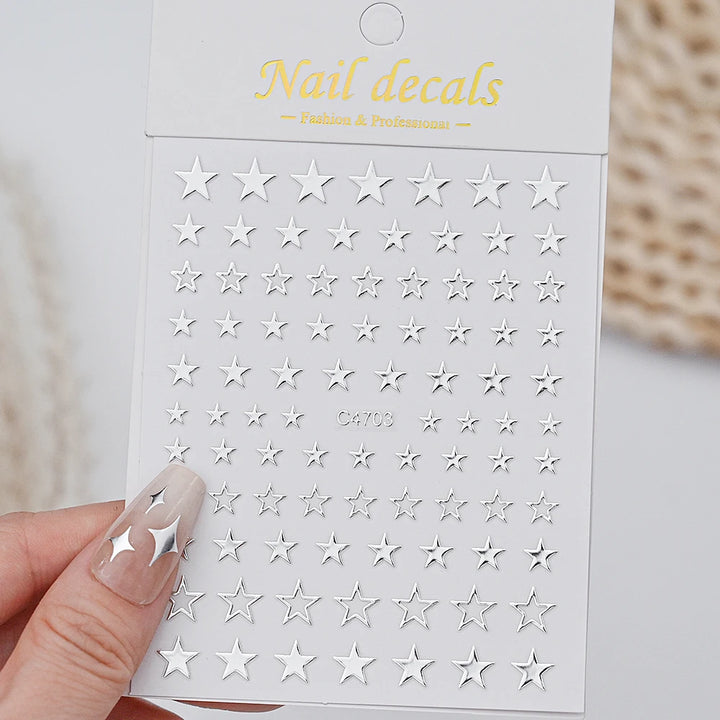 6pcs/set Metallic Silver Star/Moon/Heart Nail Sticker Y2K 3D Metal Mirror Effect Nail Decal 8*10cm Self-Adhesive Nail Decoration