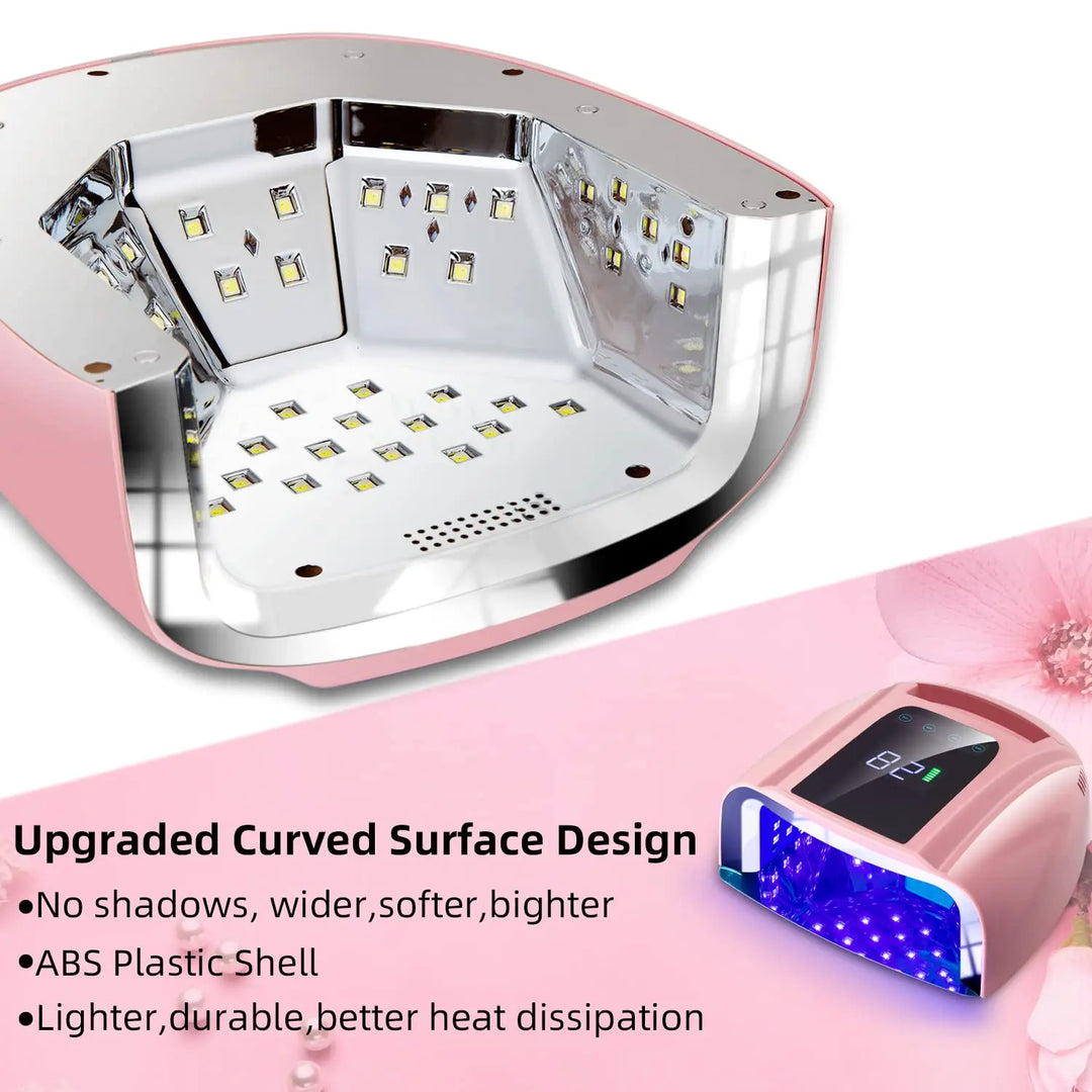 96W Cordless UV LED Nail Lamp with Auto Sensor, Removable Stainless Steel Bottom for Quick Dry Fingernails and Toenails in Pink