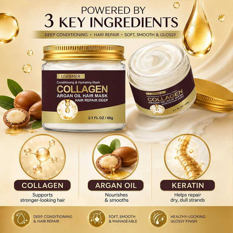 Argan Oil Collagen Keratin Repair Hair Mask, Intense Conditioning Moisturize Dry Locks, Fix Damage, Anti-Breakage & Fade Split