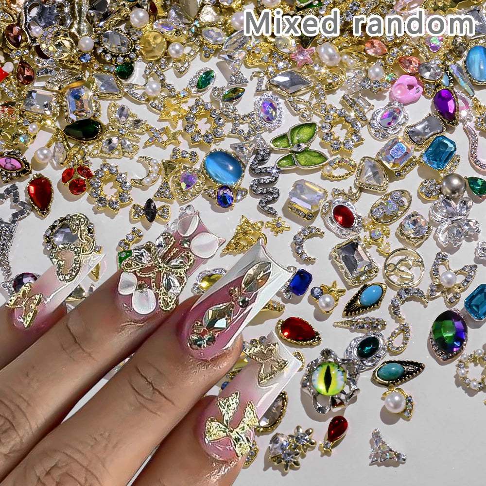 50Pcs 3D Mixed Random Luxury Nail Charms Metal Gold/Silver Butterfly/Bowknot Nail Art Decoration With Crystal Manicure Jewelry