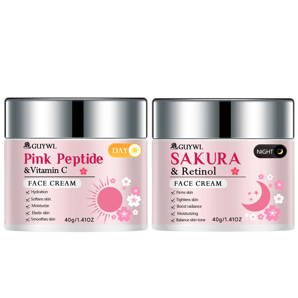 GUYWL Pink Peptide & Vitamin C Sakura & Retinol Facial Cream & Serum Set Day Night Care Combination with Niacinamide Hyaluronic