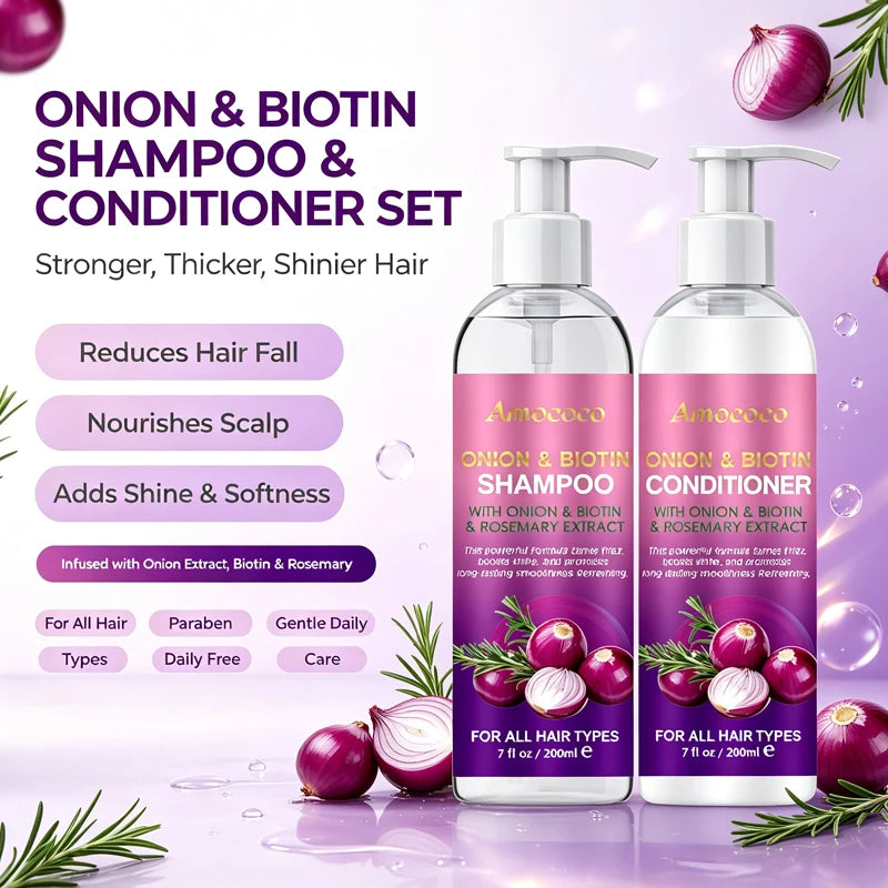 Amococo 2pcs X 200ml Shampoo and Conditioner Set with Onion Biotin Rosemary Hair Care Duo for All Hair Types Frizz Control Shine Boosting Sulfate Free