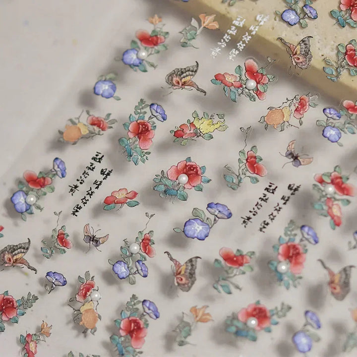 Lace Garden Bowknot Bow Tie Rose Flower Petal Pearl Irregular Border Self Adhesive 5D Nail Art Decoration Sticker Manicure Decal
