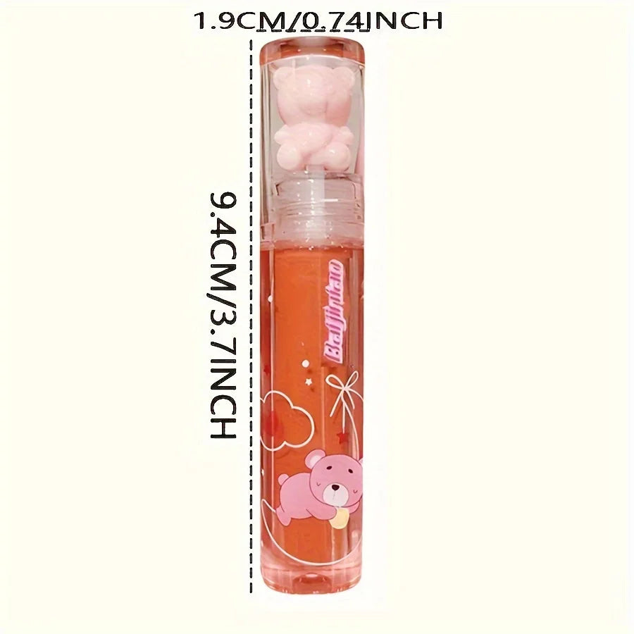 6 color lip glaze, cute little bear, mirror gloss, jelly lips with sparkling light dew water, long-lasting stain resistant trans