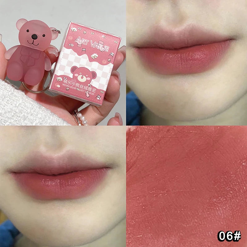 Cute Bear Keychain Velvet Mist Lip Glaze Waterproof Lasting Matte Lipstick Orange Lips Tint Women Dupes Korean Makeup Cosmetic