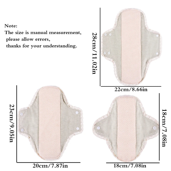 3pcs Washable Sanitary Pads Soft Breathable Cotton Cloth Pads Lace Trim Reusable  Women Menstrual Pads Heavy Flow