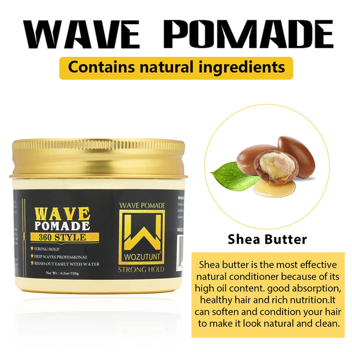 Shea Butter Wave Control Pomade Kit 360 Style Strong Hold Long Lasting Curly Hair Cream With Brush Silk Rag Cap Tool Accessony