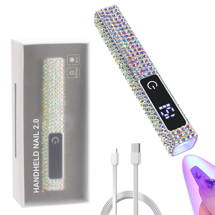 Mini Handheld UV LED Nail Lamp With Diamonds Portable Nail Dryer Rechargeable 2-Timer Gel Curing Tool for On-the-Go Manicures