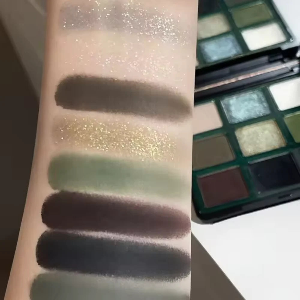 9 Color Eyeshadow Palette Olive Green Eye Look Pearlscent Shimmer Matte Eyeshadow Pink Palette Flash Cosmetics
