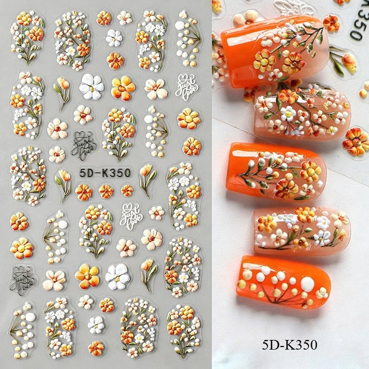 5D Embossed Green Vine Floral Nail Stickers - Matte Finish Self-Adhesive Nail Art Decals with Cartoon-Style Flowers