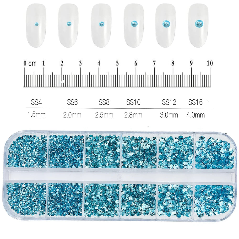 1.5mm-5mm Champagne Glass Crystal Nail Art Gems 12grids Flatback SS4-SS16 Mixed Nail Art Rhinestone Non-Hotfix Diamond Nail Deco
