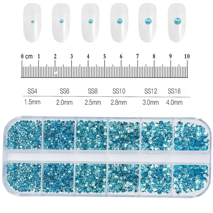 1.5mm-5mm Champagne Glass Crystal Nail Art Gems 12grids Flatback SS4-SS16 Mixed Nail Art Rhinestone Non-Hotfix Diamond Nail Deco