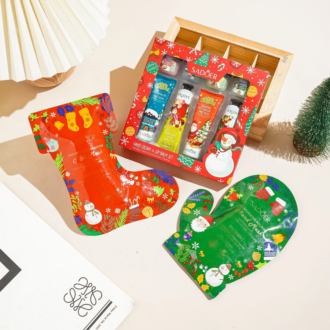 Christmas Skincare Set with Hand and Foot Mask, Lip Mask, Hand Cream, non-sticky, gentle,skincare For all skin, Christmas Gifts