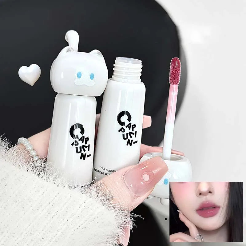 CAPPUVINI Cute Cat Water Mirror Lip Gloss Lasting Moisturizing Rose Apricot Pink Tint Lip Glaze Nude Lipstick Korean Makeup Girl