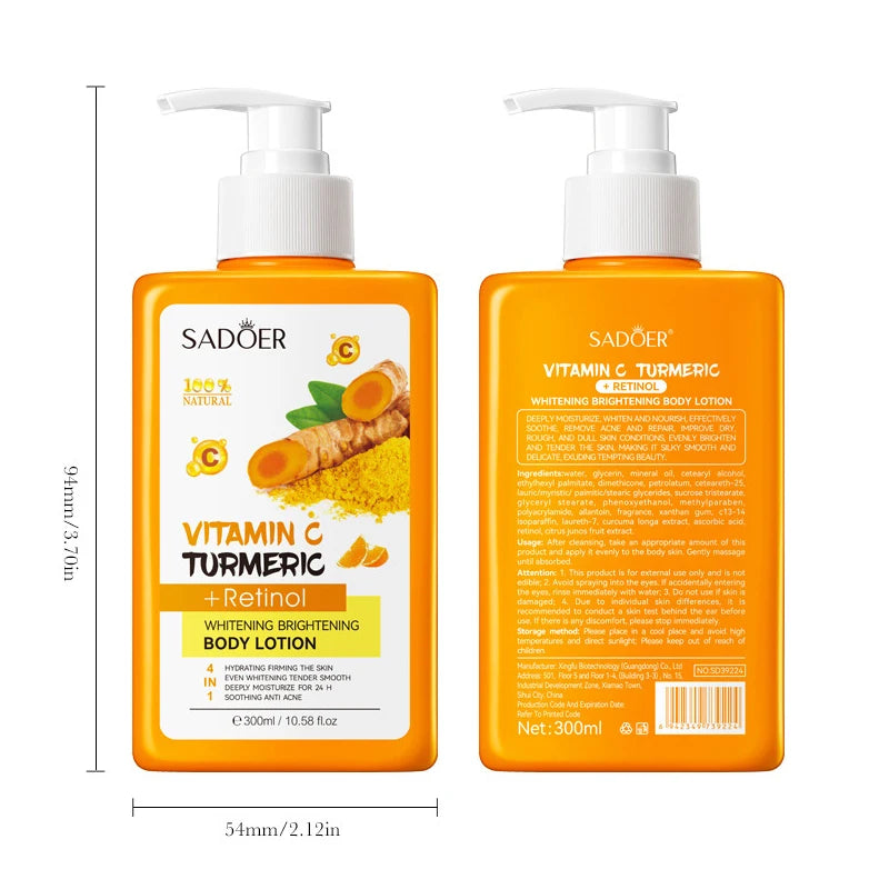 300ml Turmeric Body Cream Dark Spots Whitening Lotion Vitamin C Moisturizing Face Cream Tender Firming Body Skincare