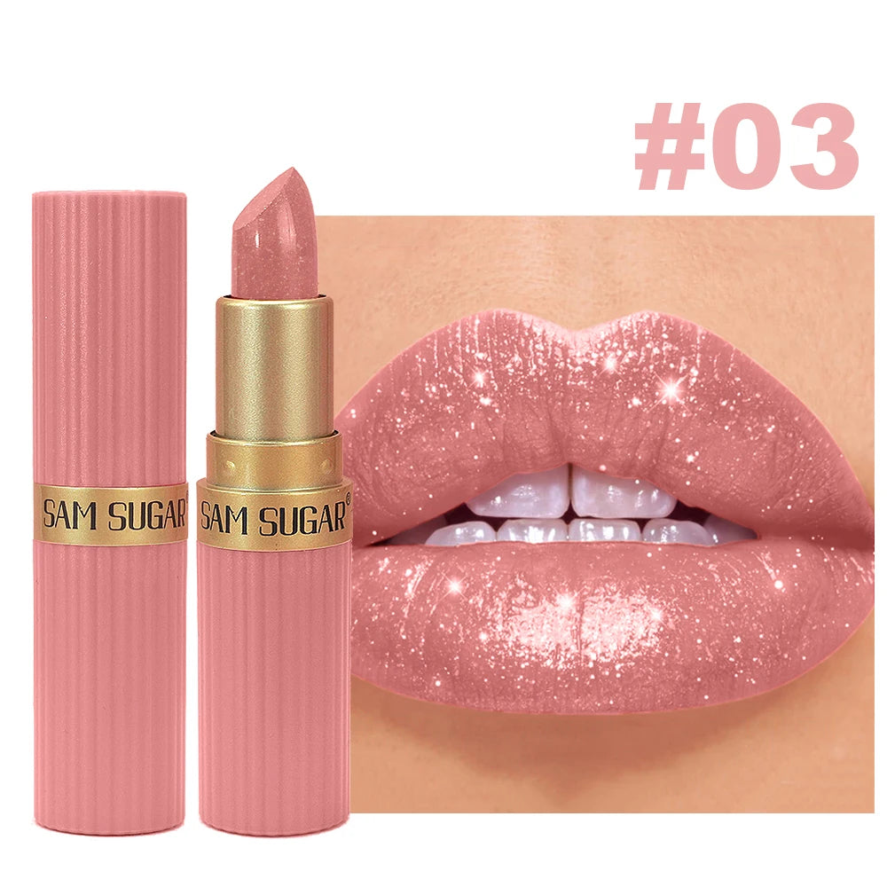 Pearlescent Pink Glitter Velvet Lipstick Metallic Waterproof Long Lasting Matte Shimmer Diamond Lipstick Women Makeup Cosmetic