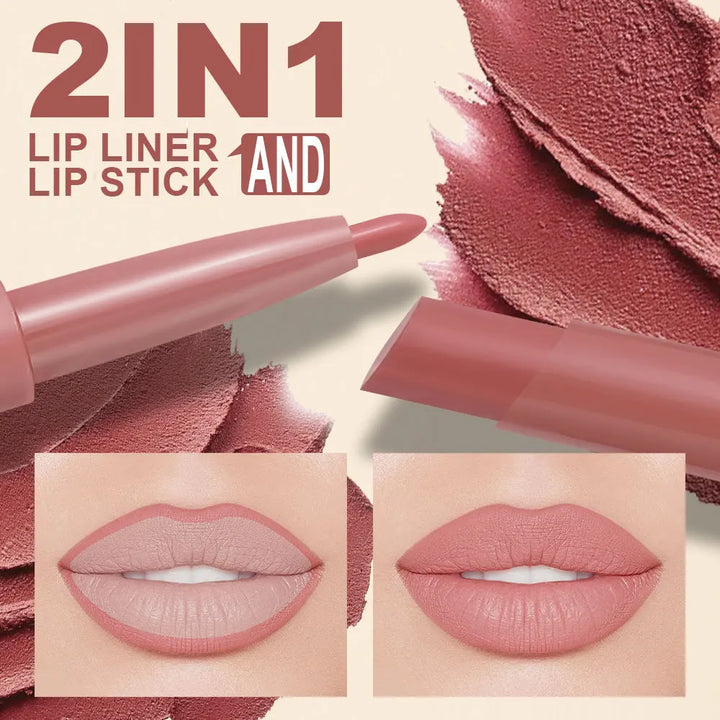 Waterproof Nude Matte Lip Liner Pencil Double Ended Matte Lipstick Lasting Moisturizing Rose Red Lipstick 2 in 1 Lipliner Makeup