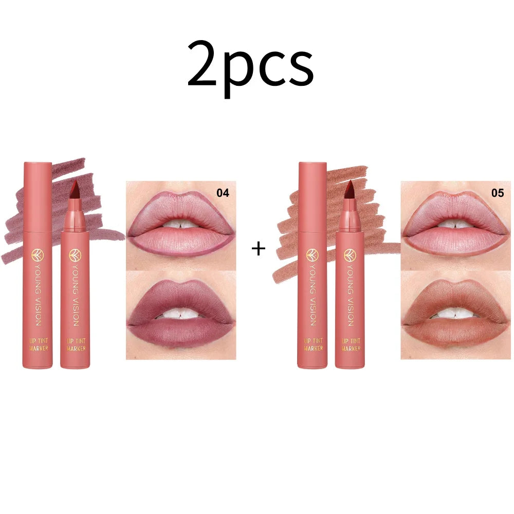 Lip Tint Pen, 6 Colors Available, Matte Water Lipstick, Non-Stick Cup, Long-Lasting, Smooth Lip Liner and Lip Stain Combo