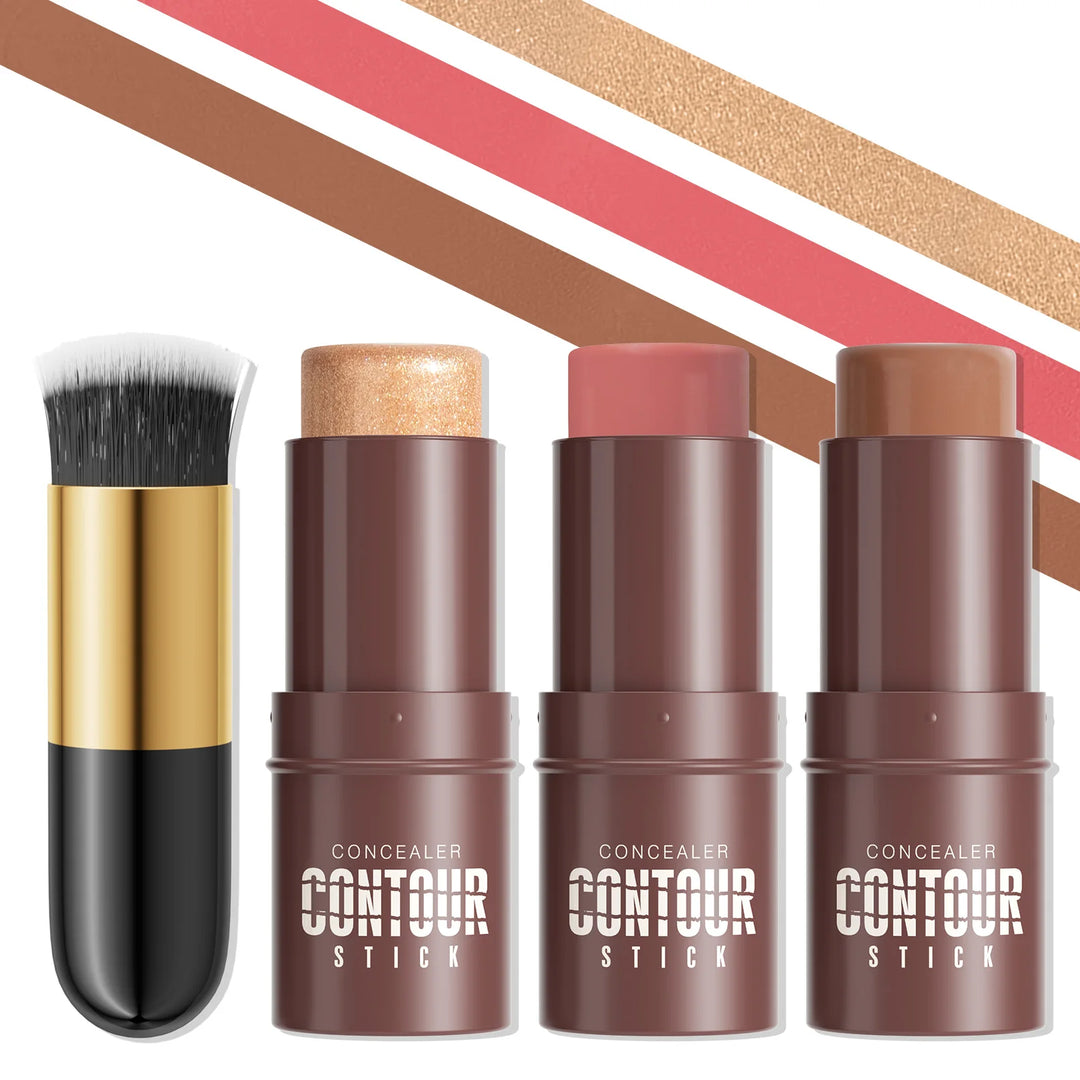 4-Piece Contour Stick Set with Highlighter, Blush & Bronzer Plus Golden Powder Brush - Waterproof Cream for All Tones, Shimmery.