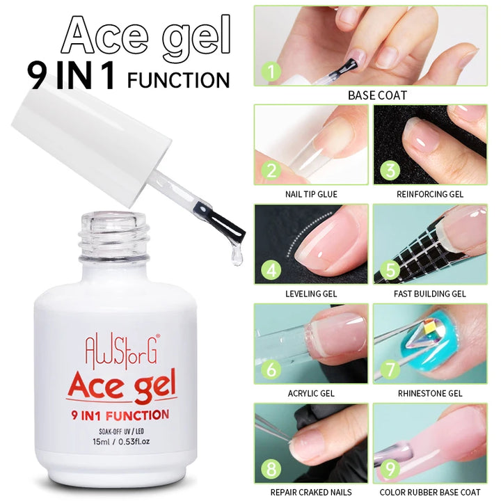 AWStorG 15ML Ace Gel 9-in-1 Nail Glue Gel Nail Polish Thickness Transparent Semi Permanent  Function UV Gel Soak Off Nail Art