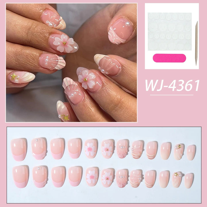24pcs Short Oval 3D Gel Nail Stickers, Create Pearl Flower Nail Art, French Acrylic Press-On Nails, Short Size Perfectly Fit Fal