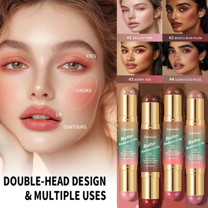 Double-Headed Bronzer Blush Stick Butter Glow & Go Multiuse Stick for Cheeks Contours Eyes Lips Blush Matte Light Glossy Bronze