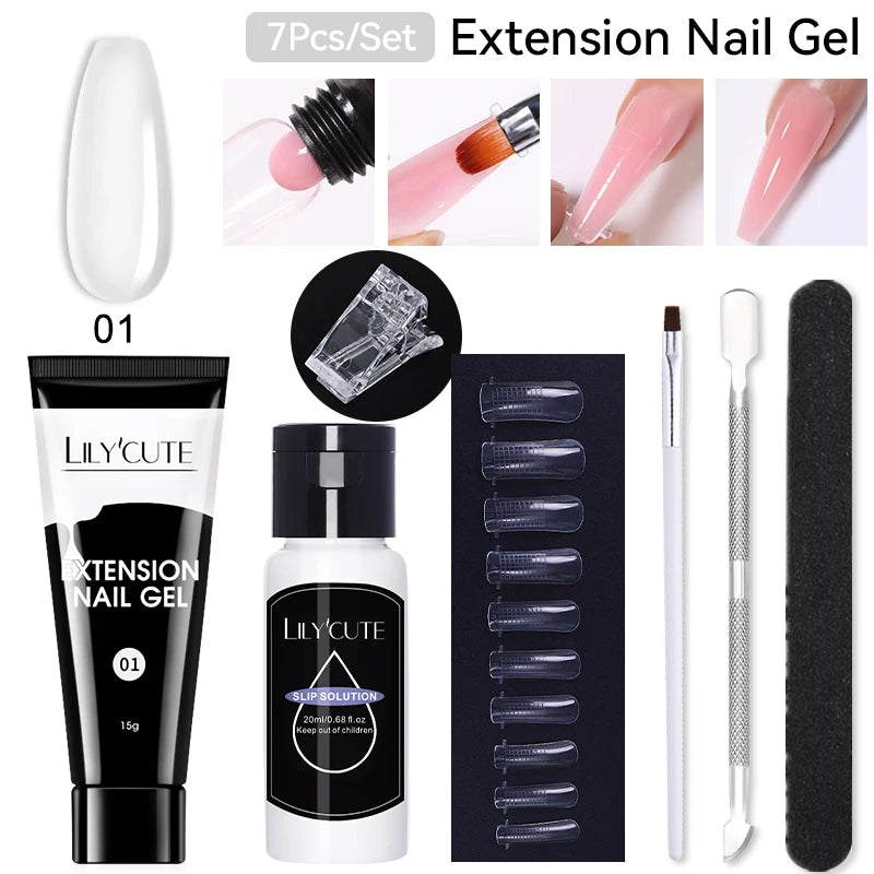 LILYCUTE 7Pcs/Set 15ml Clear Quick Extension Nail Gel with Slip Solution Nail Pusher Nail Clip Brush File Extension Gel Tools