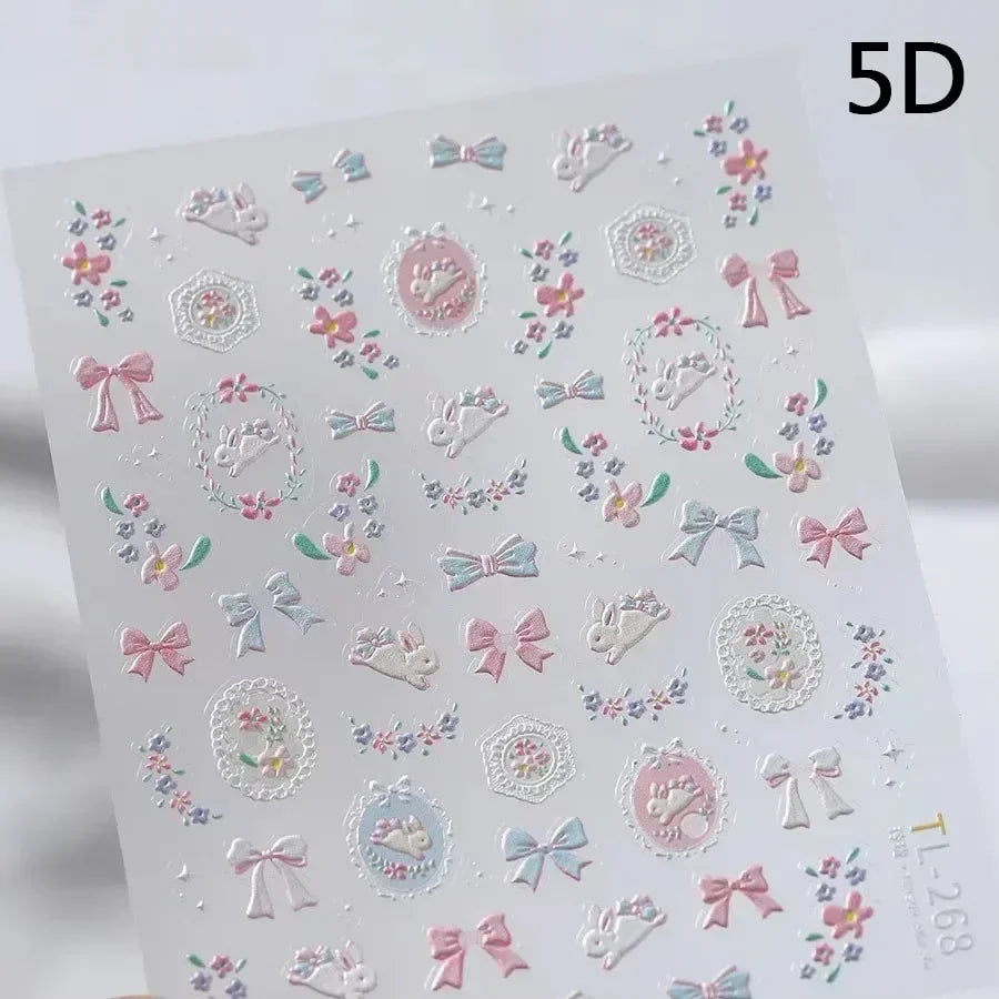 Lace Garden Bowknot Bow Tie Rose Flower Petal Pearl Irregular Border Self Adhesive 5D Nail Art Decoration Sticker Manicure Decal
