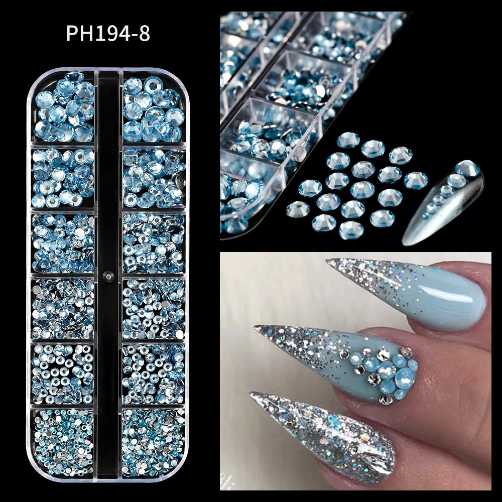 12Grids Ocean Gold Nail Art Charms Shell/Seahorse/Starfish White Half Round Pearl Gems 3D Mixed Punk Manicure Metal Rivets Studs