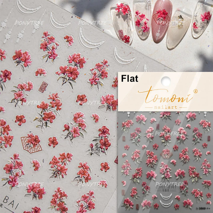 Flowers Blooming Cherry Blossom Sakura Living Peach Branch 5D Soft Relief Spring Adhesive Nail Art Sticker Chic Manicure Decals