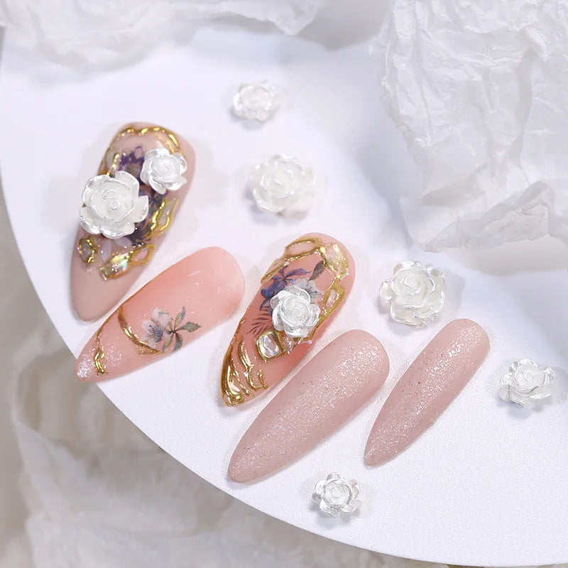 50pcs Cute New Resin Mini 3D White Plated Rose Nail Rhinestones Gems Glitter Nail Art Jewelry Manicure Nail Art Decorations
