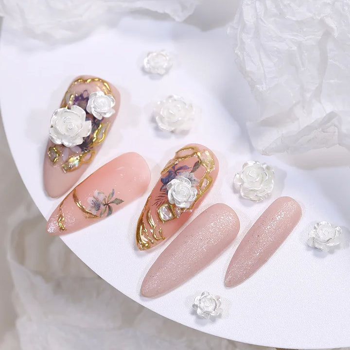 50pcs Cute New Resin Mini 3D White Plated Rose Nail Rhinestones Gems Glitter Nail Art Jewelry Manicure Nail Art Decorations