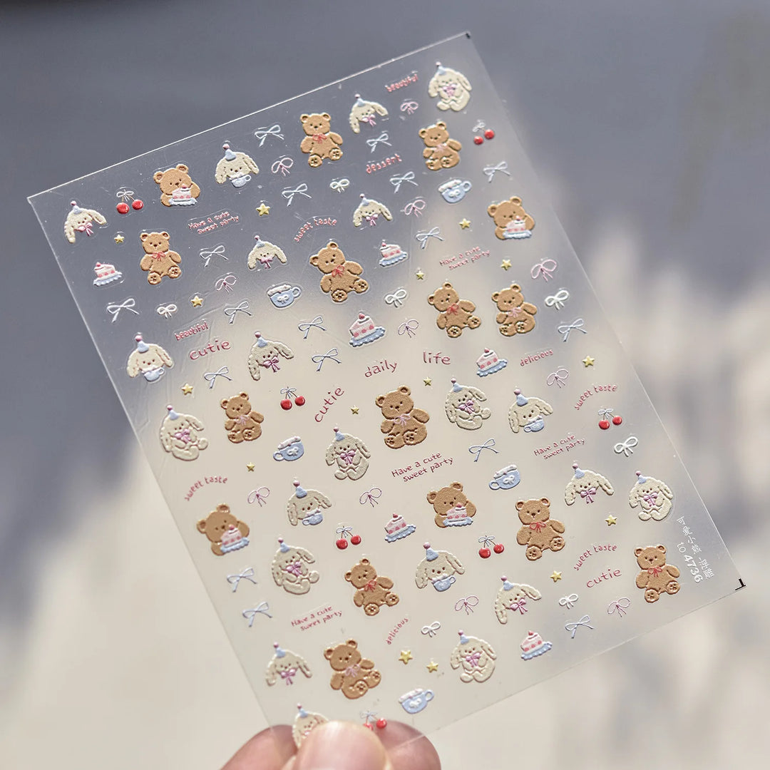 1PCS 5D Embossed Nail Sticker Cute Gray Cake Teddy Bear Bow Cartoon Nail Art Stickers Self Adhesive Nails Decorations Decals DlY