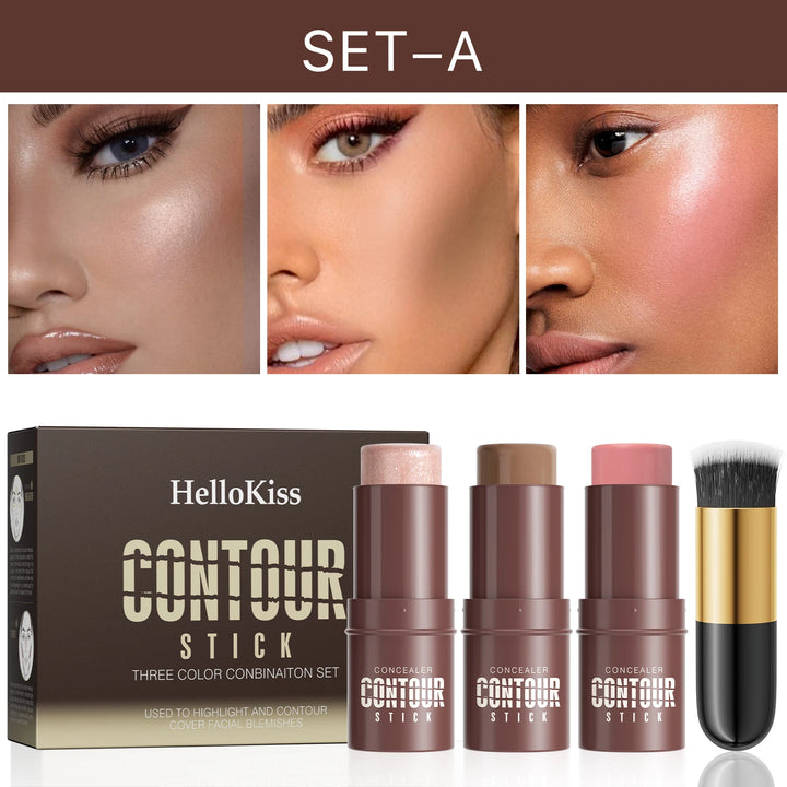 4-Piece Contour Stick Set with Highlighter, Blush & Bronzer Plus Golden Powder Brush - Waterproof Cream for All Tones, Shimmery.