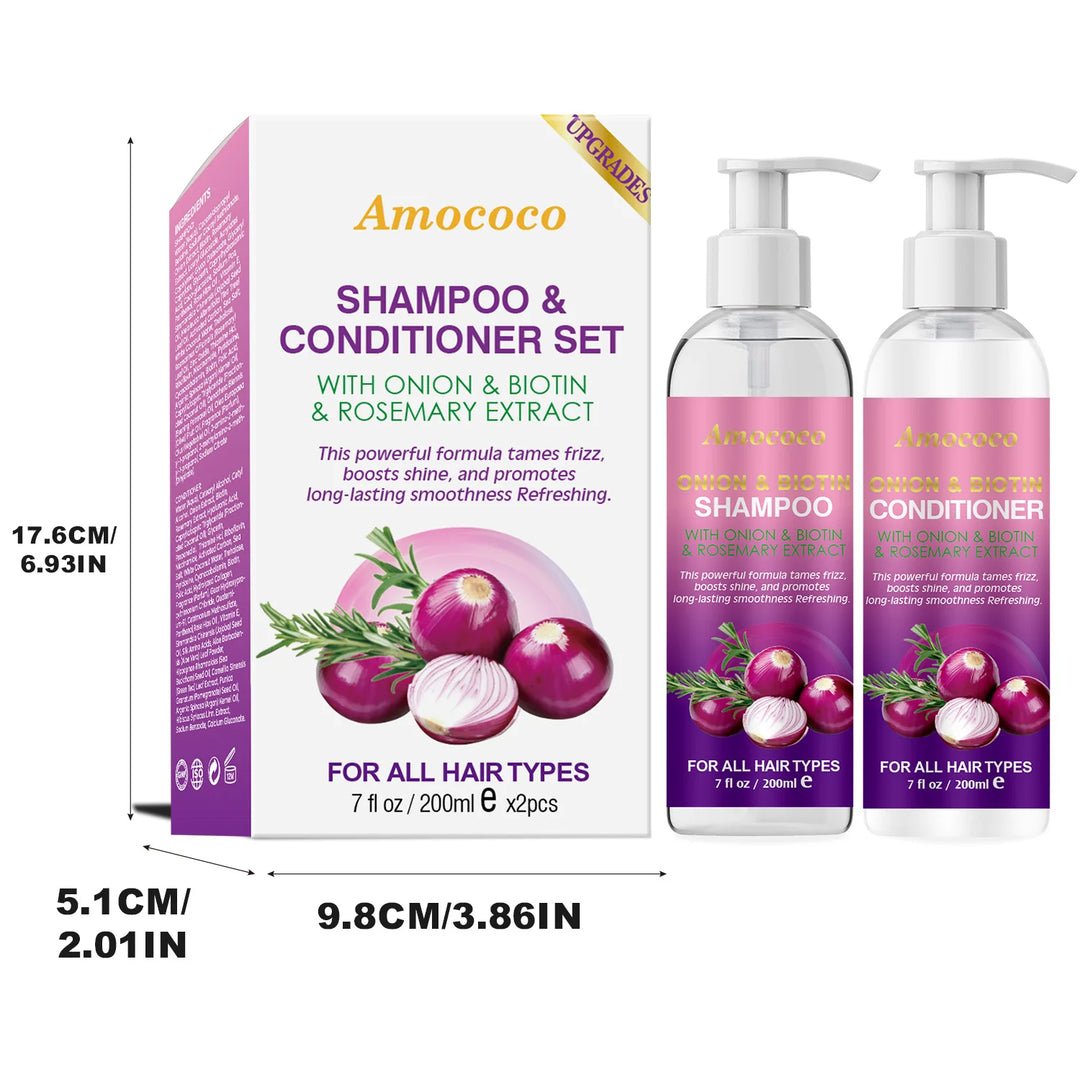 Amococo 2pcs X 200ml Shampoo and Conditioner Set with Onion Biotin Rosemary Hair Care Duo for All Hair Types Frizz Control Shine Boosting Sulfate Free