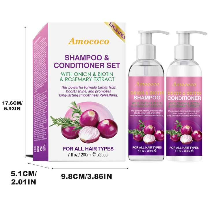 Amococo 2pcs X 200ml Shampoo and Conditioner Set with Onion Biotin Rosemary Hair Care Duo for All Hair Types Frizz Control Shine Boosting Sulfate Free
