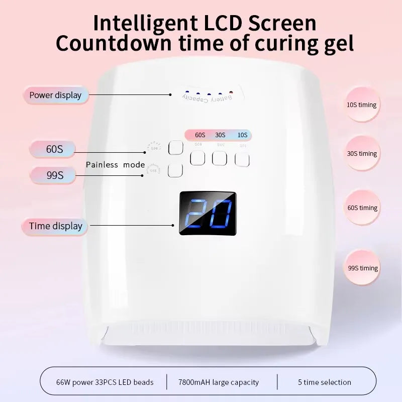 Rechargeable UV LED Nail Lmp, 66W Gel Nail Dryer, Professional Nail tool, 5-gear timing, Suitable for Home and Salon